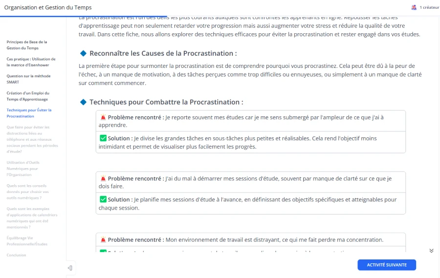 Module "Organisation et gestion du temps - Combattre la procrastination" (dans 360Learning)