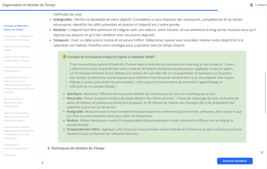 Module "Organisation et gestion du temps - La méthode SMART" (dans 360Learning)