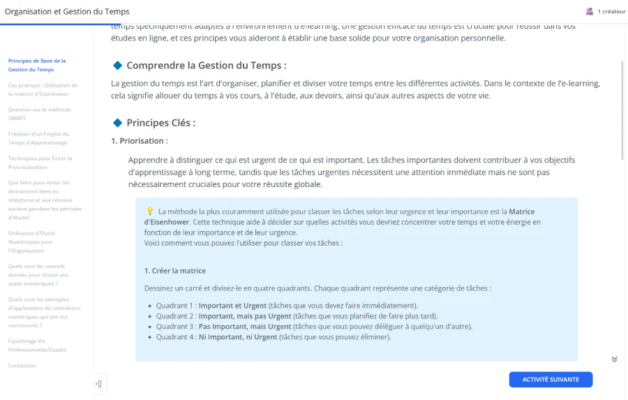 Module "Organisation et gestion du temps - Les principes clés" (dans 360Learning)