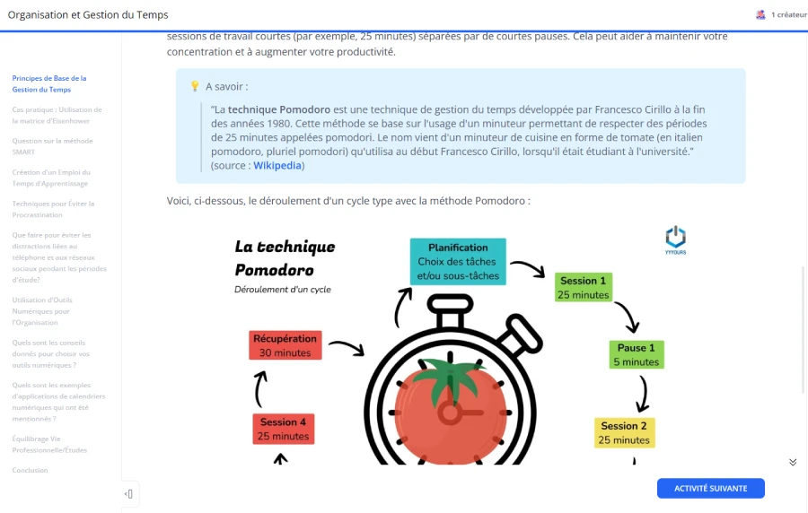 Module "Organisation et gestion du temps - La technique Pomodoro" (dans 360Learning)